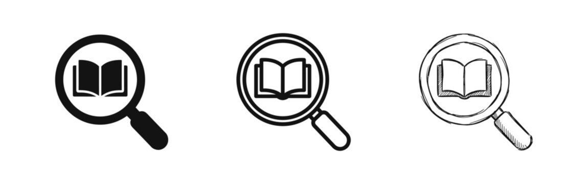Set of Book Search Icons in Glyph, Line, and Sketch Styles for Education and Research