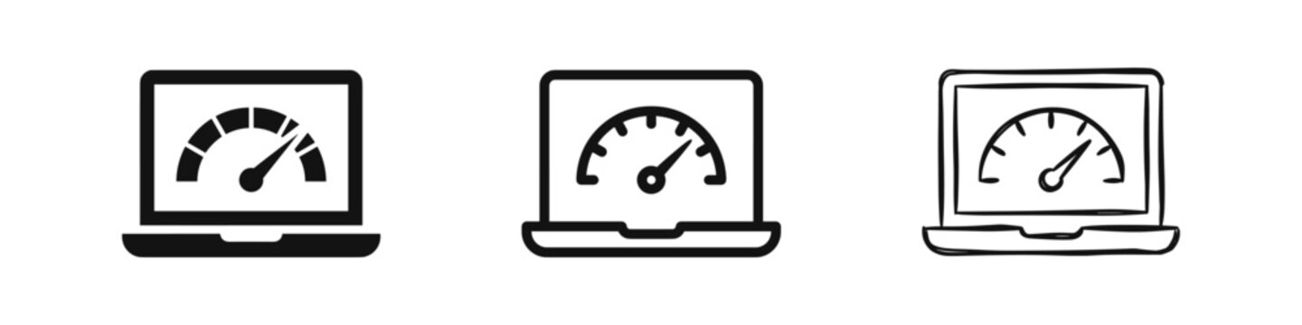Laptop with Speedometer Icon Set for Internet Speed and Website Performance Testing