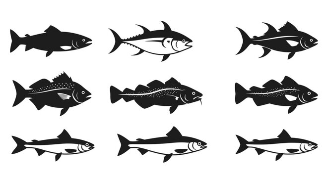 Collection of nine black and white illustrations of different types of fish, showcasing various species for educational or design purposes