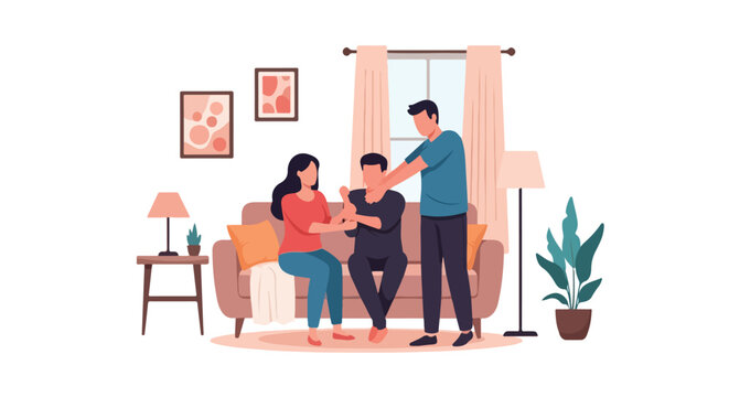 A man and a woman provide urgent first aid to a man who appears to be choking while sitting on a sofa in a modern, cozy living room interior.