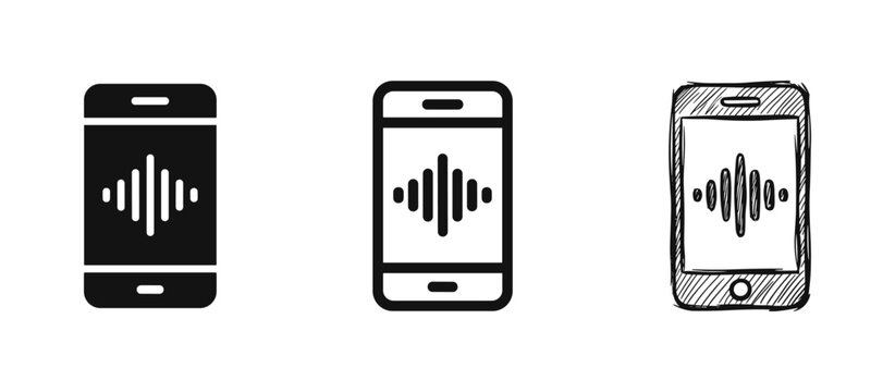 Mobile audio icon set on smartphone screen, sound wave and podcast frequency symbols