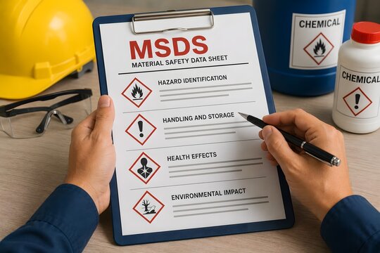A person holding an MSDS document with chemical containers and safety gear for the concept of chemical safety and hazard information.