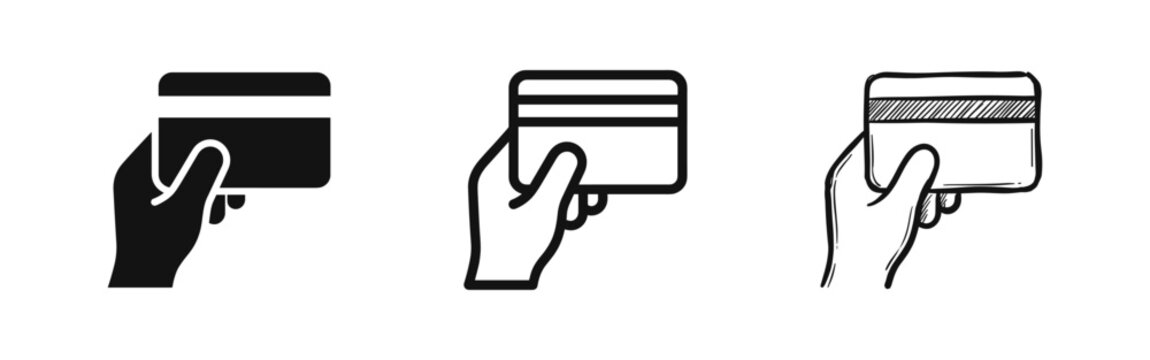 Hand holding credit card icon set for payment, banking, and transaction concepts in three styles