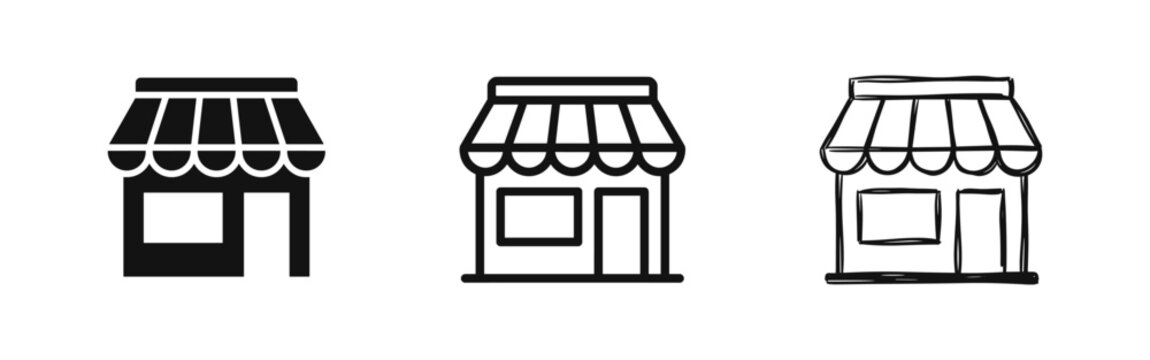 Storefront and small business shop icon set with awning in three different graphic variations