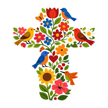 Cross illustration forming from vibrant flowers, birds, and leaves, representing Christianity, hope, and new life