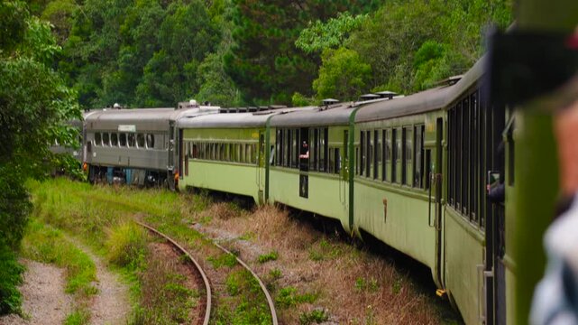Misty morning with a mountain train climbing the hills of a Brazilian forest, Serra do Mar, Brazil