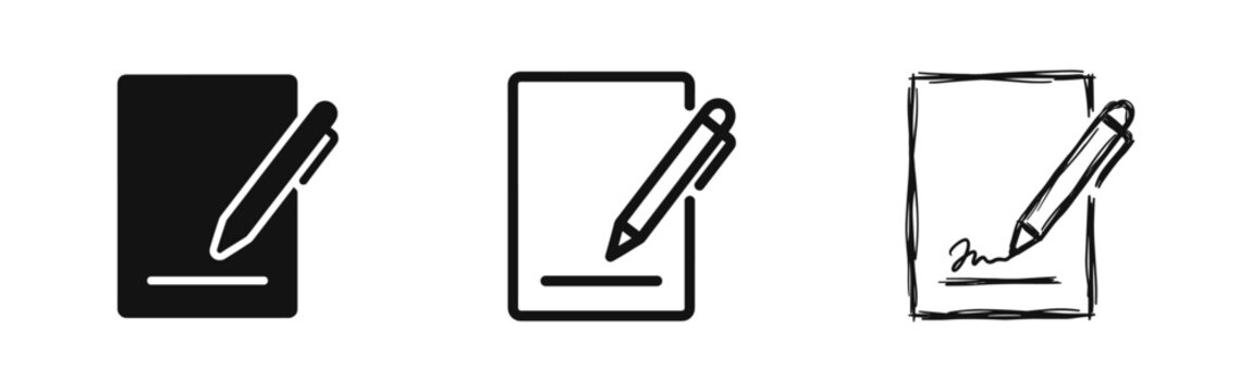Contract signing icon set with a pen and document in solid, outline and hand-drawn sketch styles.