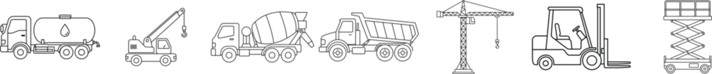 Set of construction vehicles and equipment line icons on white background © Rakibul
