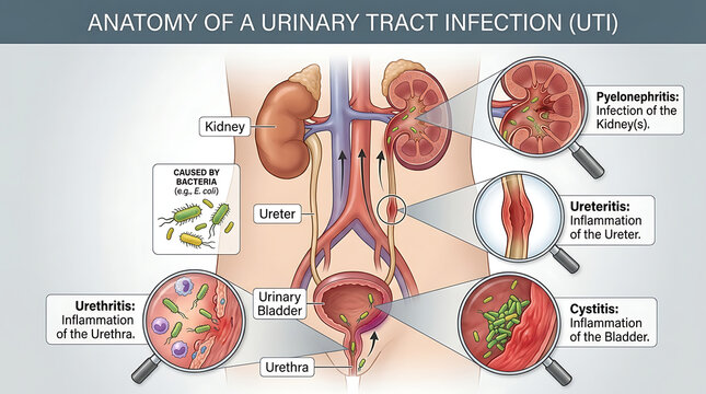 Urinary Tract Anatomy Illustration Highlighting Bacterial Infection Locations with Kidney Bladder Ureter Urethra Pyelonephritis Cystitis Ureteritis and Urethritis Pathological Medical Diagram.