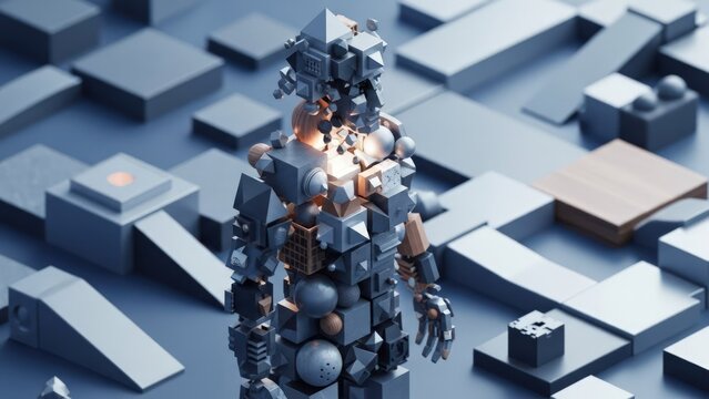 Abstract geometric robot figure made of cubes and spheres in futuristic blue environment