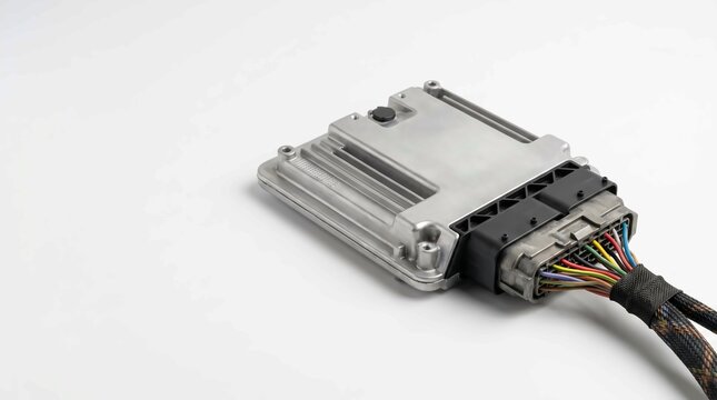 Metallic car engine control unit featuring a black plastic connector with colorful wires against white background