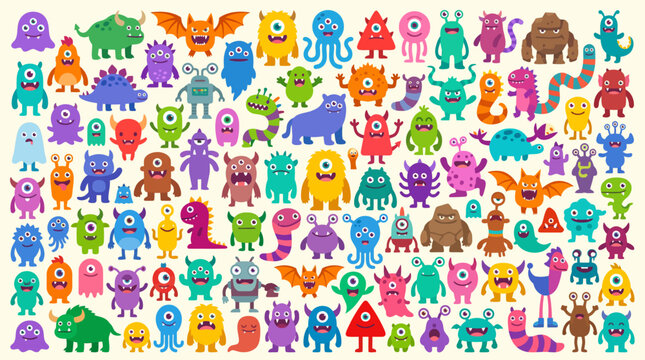 A vibrant collection of cartoon monsters and creatures in various colors and shapes.