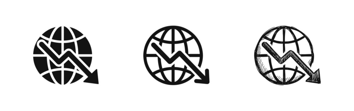 Global Economy Recession Chart Icon Set - World Globe with Downward Arrow Vector Illustration