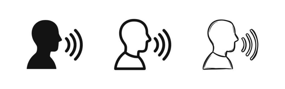 Voice Recognition and Speaking Profile Icon Set - Audio Waves and Human Head Vector