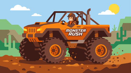 An orange cartoon monster truck racing on dirt. © Abhinaya Project