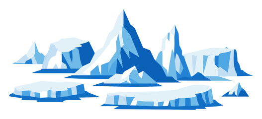 Fototapeta premium Arctic landscape vector illustration with large icebergs, ice floes, and glaciers, representing climate change and polar exploration