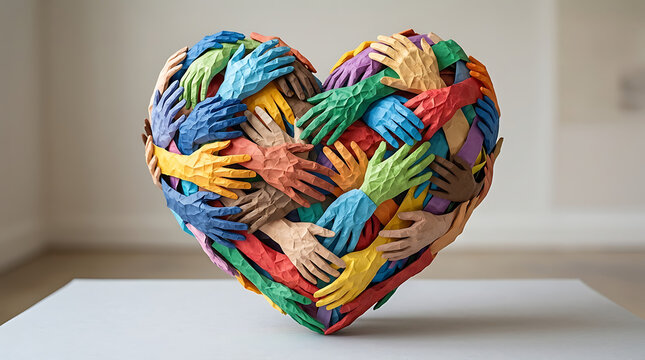 Group of diverse hands stacked together in a circle formation symbolizing unity cooperation and heartfelt connection through mutual support and collective love in a harmonious atmosphere