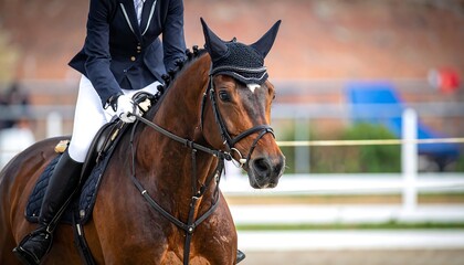 Obraz premium A close-up of a brown horse with a rider dressed in equestrian attire