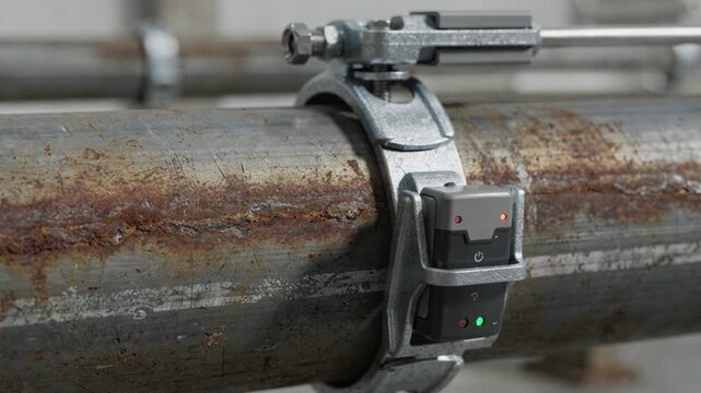 Closeup of smart sensors clamped on bare steel pipes transmitting corrosion thickness info for infrastructure health monitoring