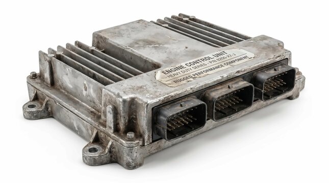 Weathered metal engine control unit module featuring multiple electrical connector ports on a white background