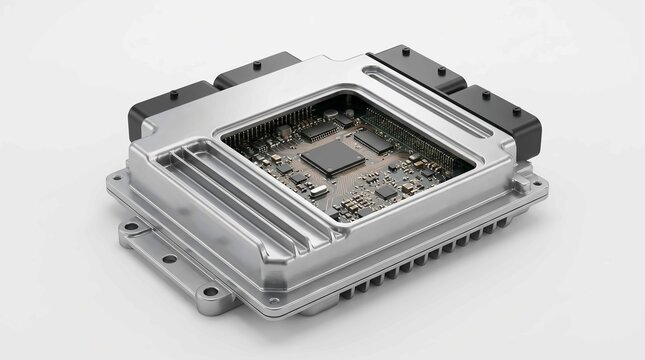 Metallic automotive engine control unit featuring complex circuit board components on a clean white studio background