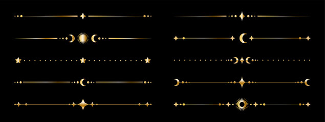 Celestial golden divider lines set, esoteric astrology decorative luxury borders with mystical crescent moon, stars and sun shapes © Artulina