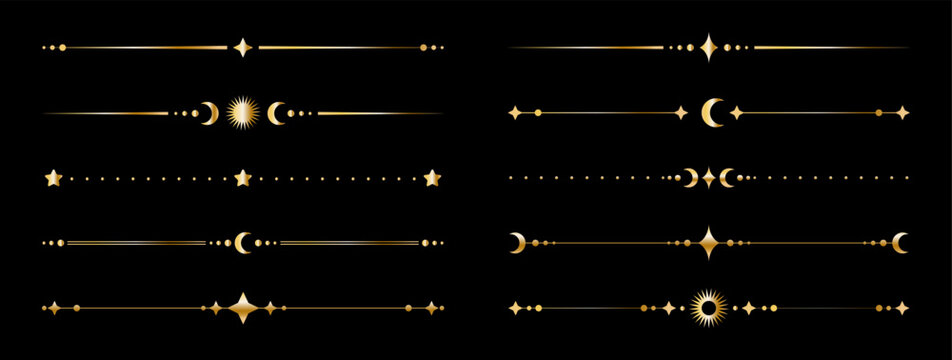 Celestial golden divider lines set, esoteric astrology decorative luxury borders with mystical crescent moon, stars and sun shapes