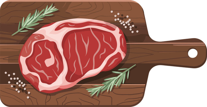 Raw ribeye beef steak vector illustration on wooden cutting board with rosemary and peppercorns