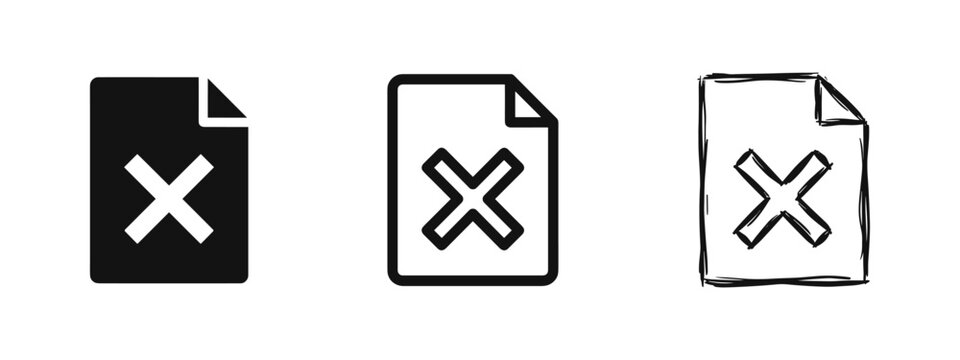 Rejected document and deleted file error icons set, paper document with cross mark cancel symbol