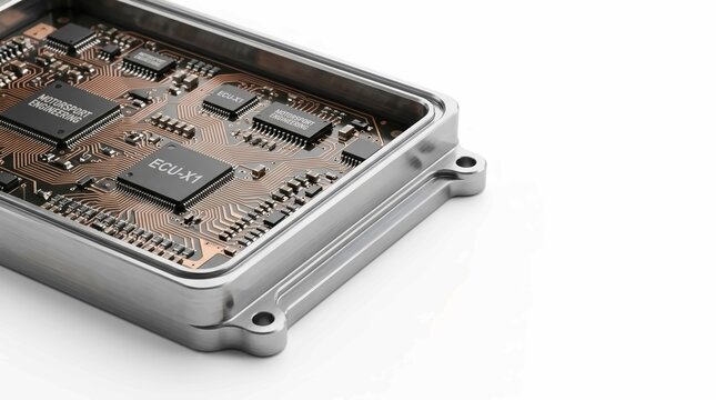 Advanced electronic engine control unit featuring complex copper circuits inside a durable brushed metal casing