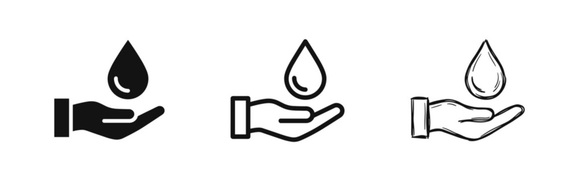 Water conservation and liquid drop protection icons set, human hand holding drop of water symbol