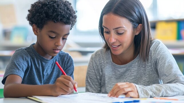 A teacher patiently helping a young student solve a math problem in a bright classroom setting