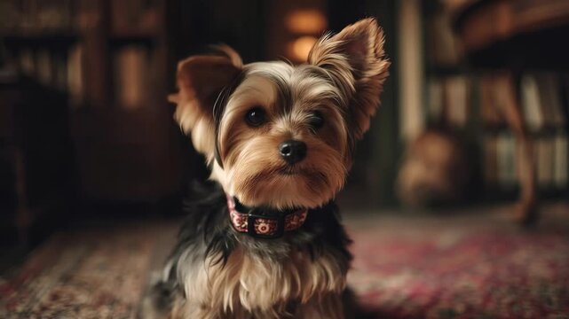 Small dog sits in library looking around while sounds of turning pages and soft footsteps can be heard in background