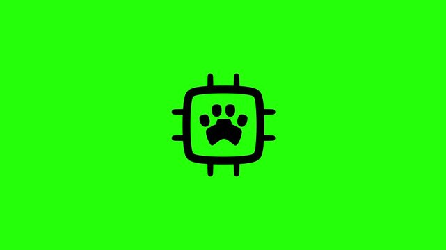 4K video clip featuring an electronic animal microchip implant circuit board square tag holding a central paw emblem bouncing. Creative popup asset for tech vet.