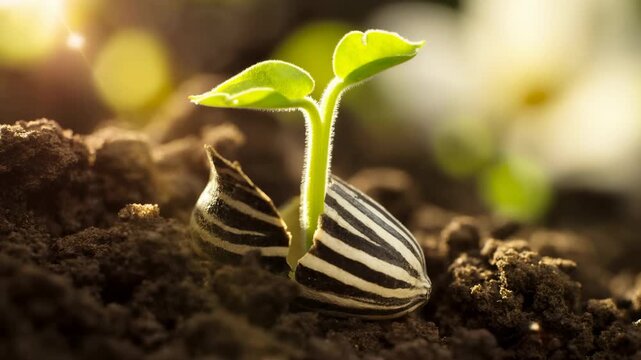 Striped seed resting on dark soil in warm sunlight