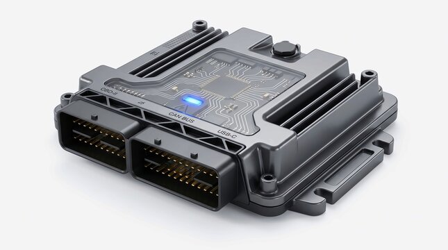 Modern automotive electronic control unit with diagnostic port connectors and glowing blue status indicator light