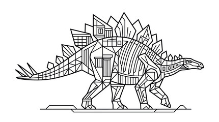 Geometric Stegosaurus Dinosaur Illustration, Line Art, White Background © nongko