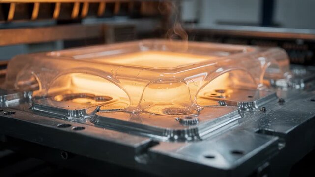 Closeup medium view of glowing plastic sheet melting and molding over a shaped panel mold highlighting industrial thermoforming process precision