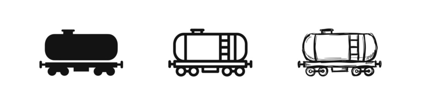 Oil tank railway car icon set, railroad fuel tanker wagon for liquid cargo transportation and industrial logistics.