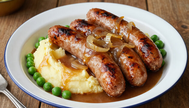 Traditional British bangers and mash with gravy and peas
