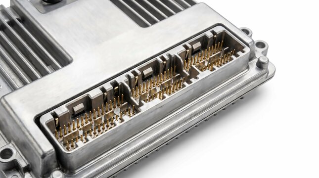 Close up view of a silver automotive electronic control unit with many gold connector pins