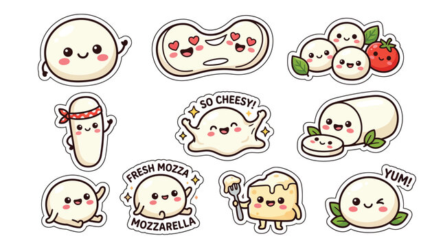 Cute Kawaii Mozzarella Cheese Stickers with Happy Faces and Food Puns.
