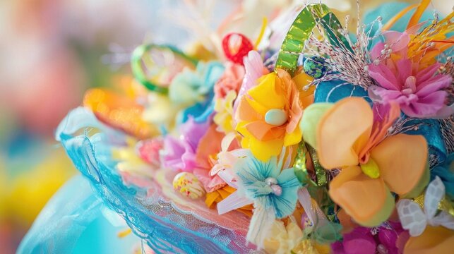 A close-up of a colorful Easter bonnet with ribbons and springtime decorations