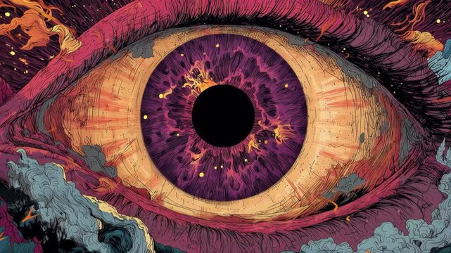 Exploring an intense eye graphic with vibrant colors and swirling patterns in a surreal art style against a cosmic background