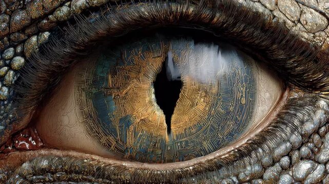 Close look at a lizard eye showing colorful patterns and textures in a natural environment