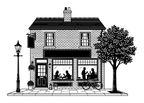 Classic English pub building with a storefront, brick wall texture, and signage, showing people socializing in windows