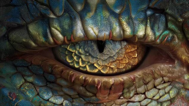 Close look at a reptile eye showing colorful scales and intricate patterns in natural light