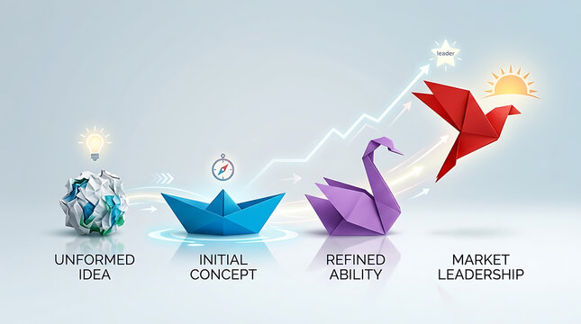 Conceptual business evolution showing a crumpled white paper turning into a folding boat and finally a graceful origami swan, representing growth, leadership, and innovative transformation.