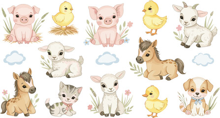 Obraz premium Cute Farm Animal Collection Vector Illustration Featuring Pig Chick Lamb Goat Horse Puppy and Kitten in Soft Cartoon Nursery Style