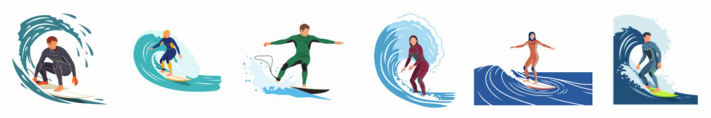 Fototapeta premium Set of flat illustrations featuring diverse male and female surfers riding large ocean waves in colorful wetsuits and various action poses.